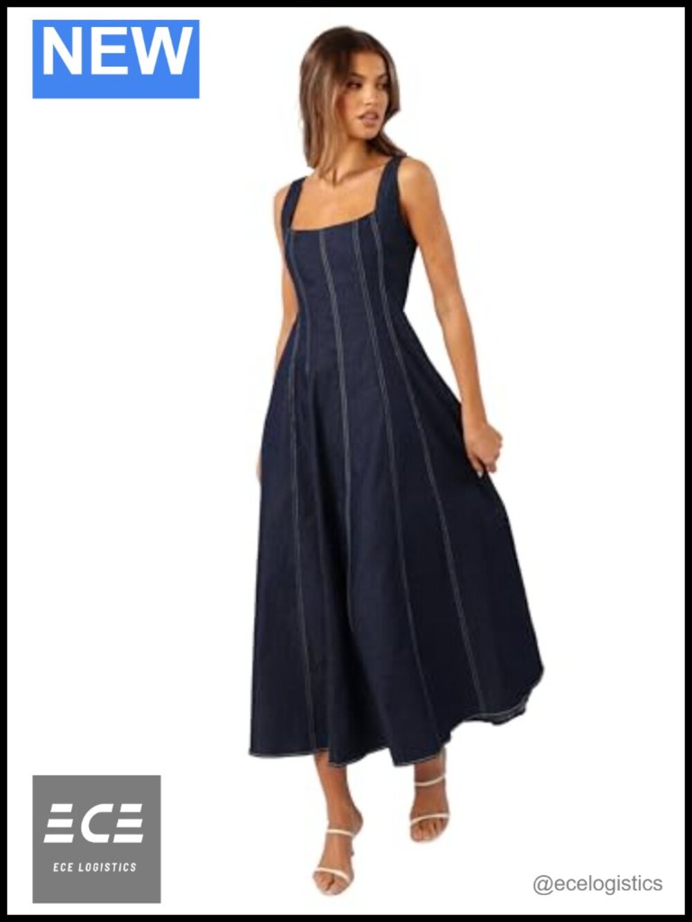 Petal & Pup Callum Midi Dress Square Neck Sleeveless Denim Casual